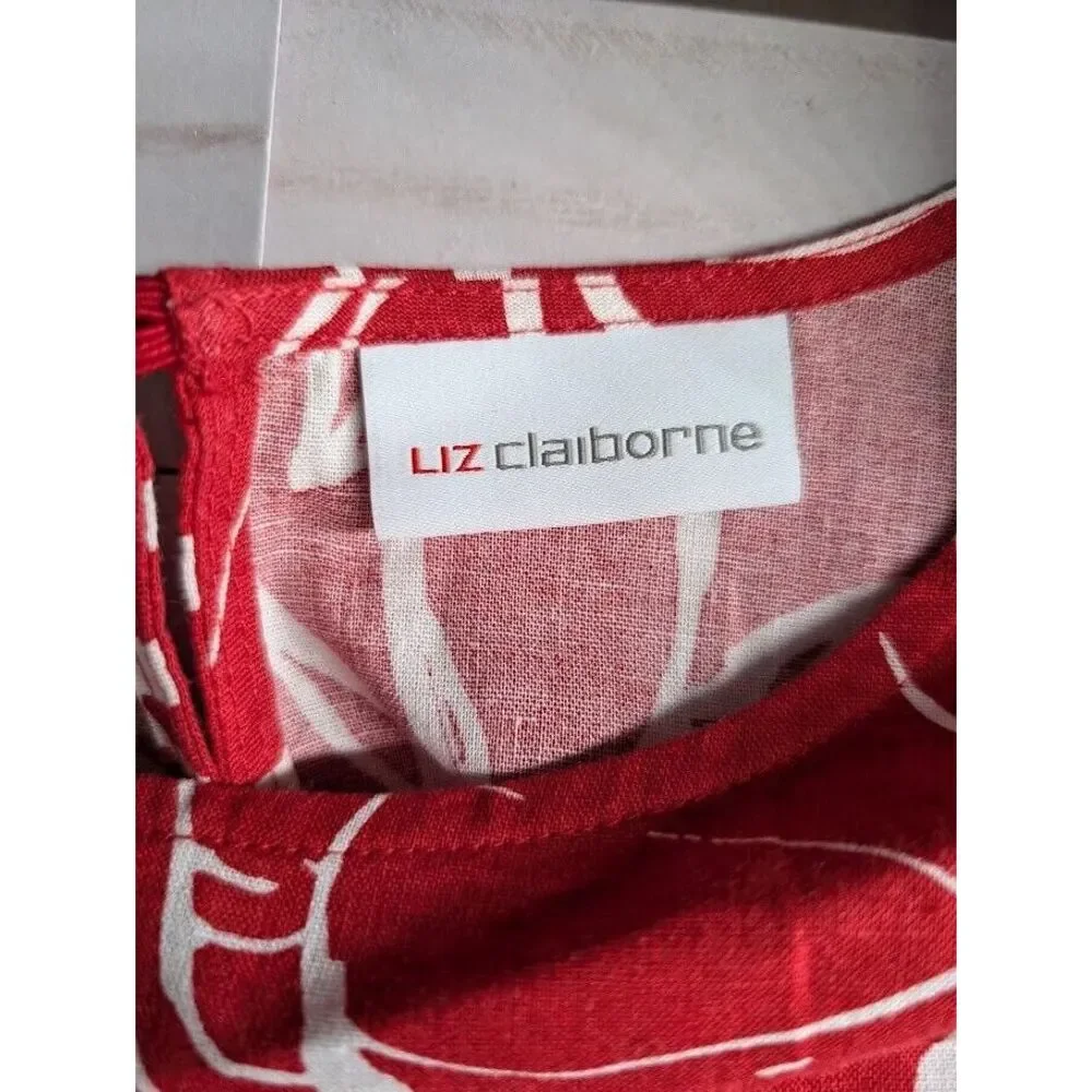 Liz Claiborne Size XL Womens Red White Floral Linen Short Sleeve Blouse Top - Picture 2 of 6
